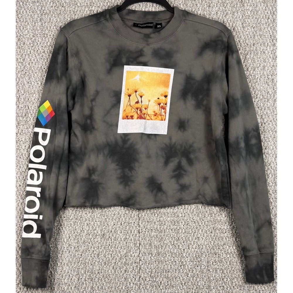 Polaroid Tie Dye Graphic Sweatshirt XS Gray Cropped Long Sleeve Pullover Fleece